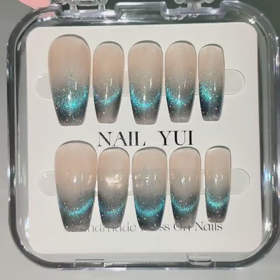 Handmade Sea Blue Cat Eye Aurora Ombre Press On Nails Ombre Nails Blue Nails Aurora Nails Cat Eye Nails Cat Eye Nails Reusable Acrylic Nails