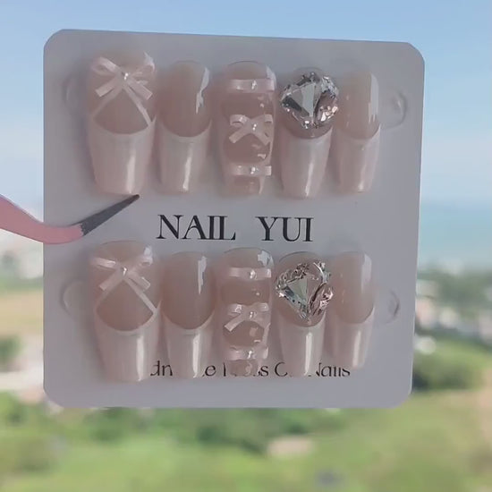 Handmade Champagne Pink Ballet Ballerina Bow Lace French Press On Nails Ballerina Nails Bow Nails French Nails Y2K Nails Acrylic Nails