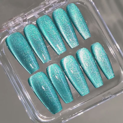 Melbourne Green-Blue Cyan Mint Blue Cat Eye Press On Nails