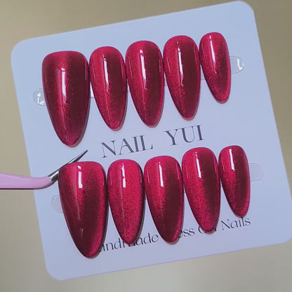 Handmade Red Glitter Glass Bead Cat Eye Press On Nails Cat Eye Nails Red Nails New Year Nails