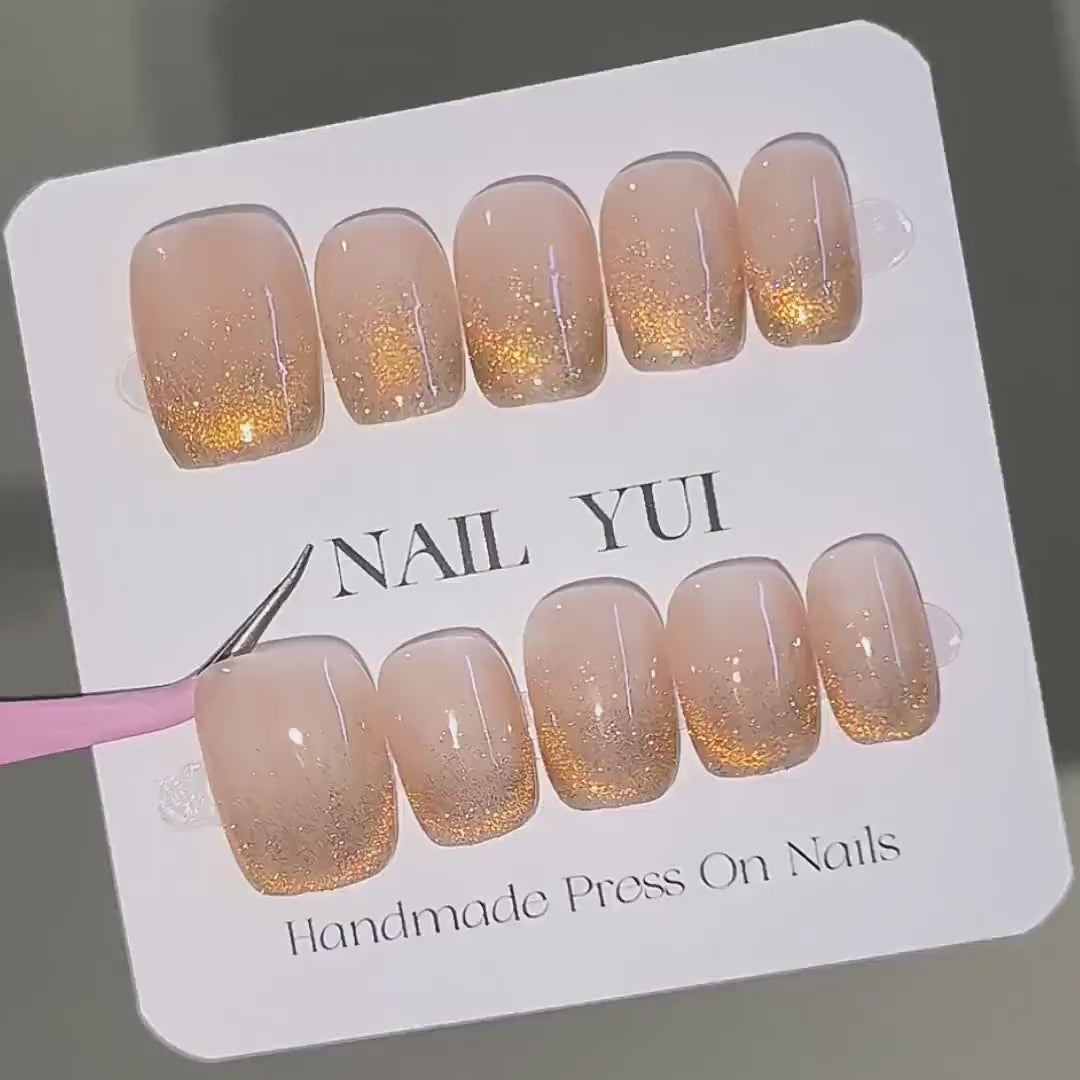 Handmade Sunset Yellow-Orange Gold Cat Eye Aurora Ombre Press On Nails Ombre Nails Glitter Nails Aurora Nails Cat Eye Nails Party Nails