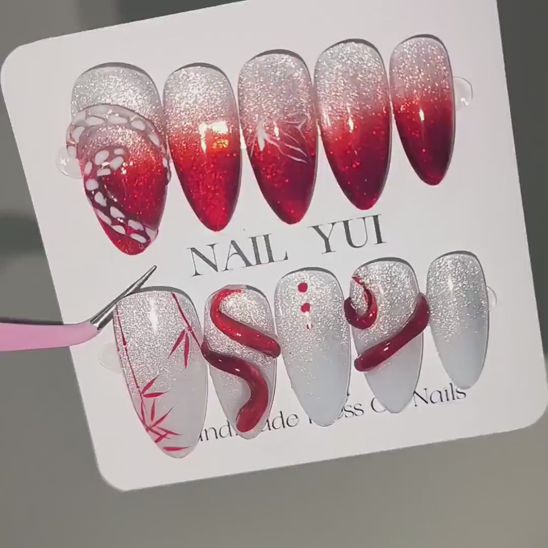Handmade Red White Bamboo Snake Butterfly Sliver Glitter Press On Nails Snake Nails Halloween Nails Bamboo Nails Red Nails Goth Nails