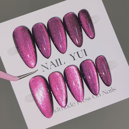 Handmade Black Base Pink Glass Bead Cat Eye Press On Nails Glitter Nails Dark Nails Glass Bead Nails Cat Eye Nails