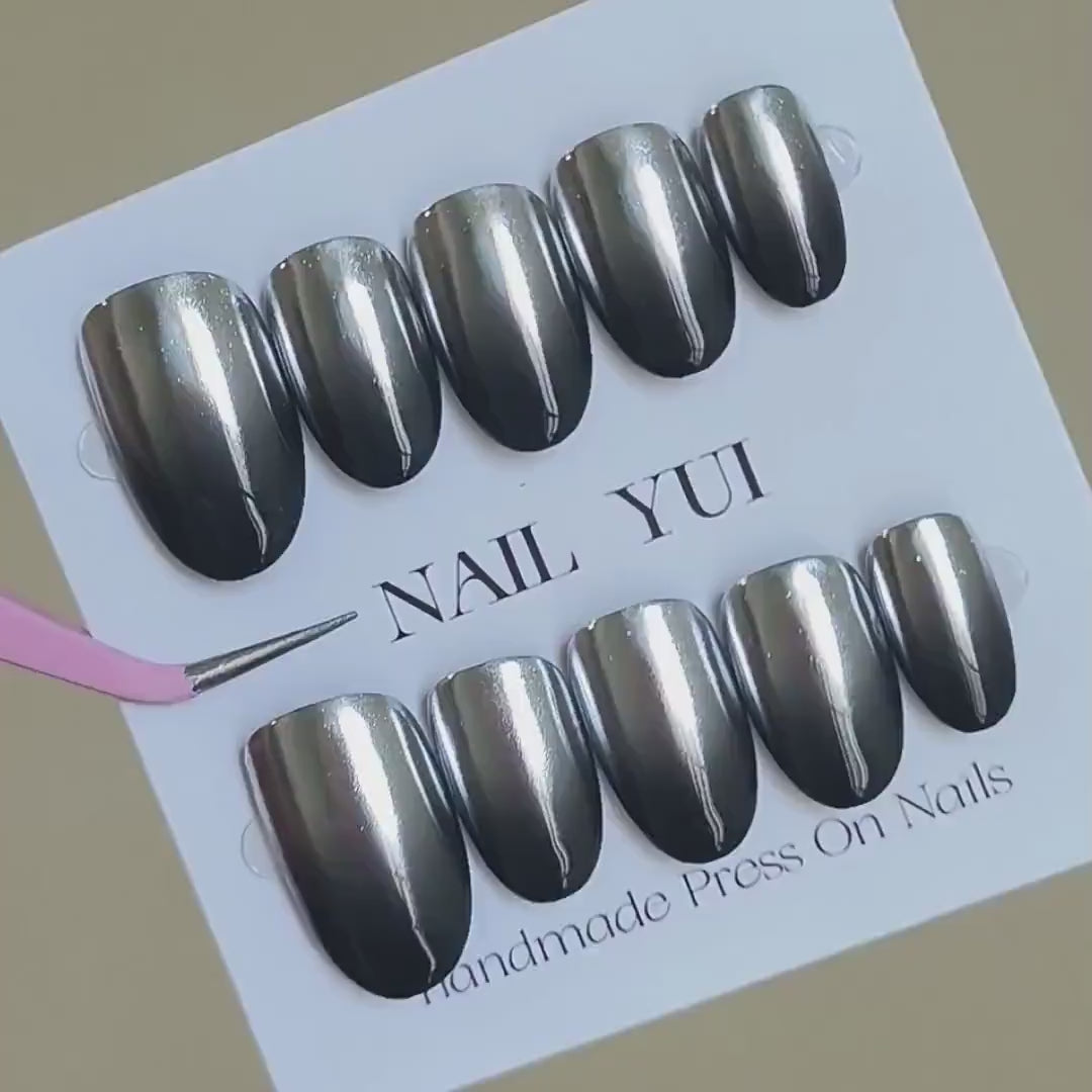 Handmade Mirror Sliver Black Ombre Gradient Press On Nails Mirror Nails Sliver Black Nails Ombre Nails Gradient Nails