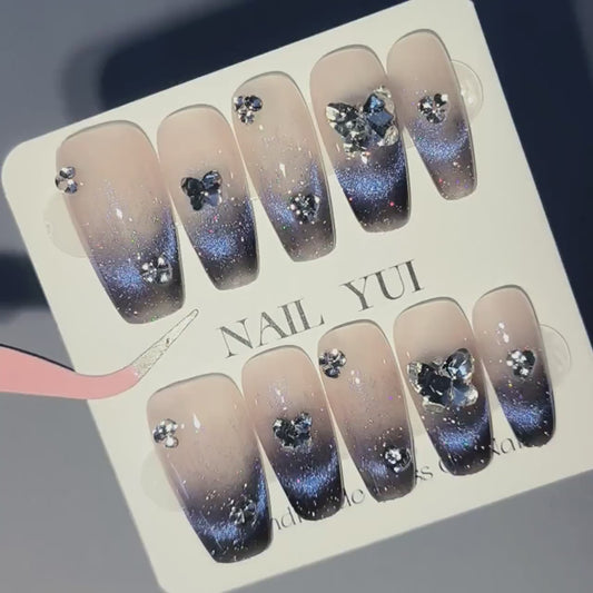 Handmade Black Purple Cat Eye Aurora Butterfly Rhinestone Ombre Press On Nails Ombre Nails Aurora Nails Cat Eye Nails Reusable Acrylic Nails