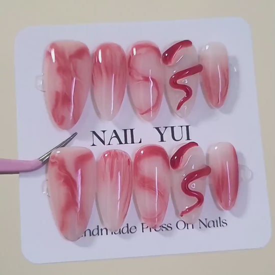 Handmade Red Snake Red Marble Ombre Halloween Press On Nails Snake Nails Halloween Nails
