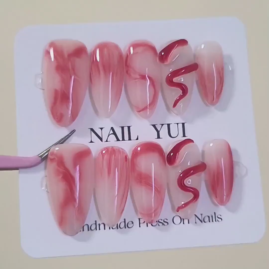 Handmade Red Snake Red Marble Ombre Halloween Press On Nails Snake Nails Halloween Nails