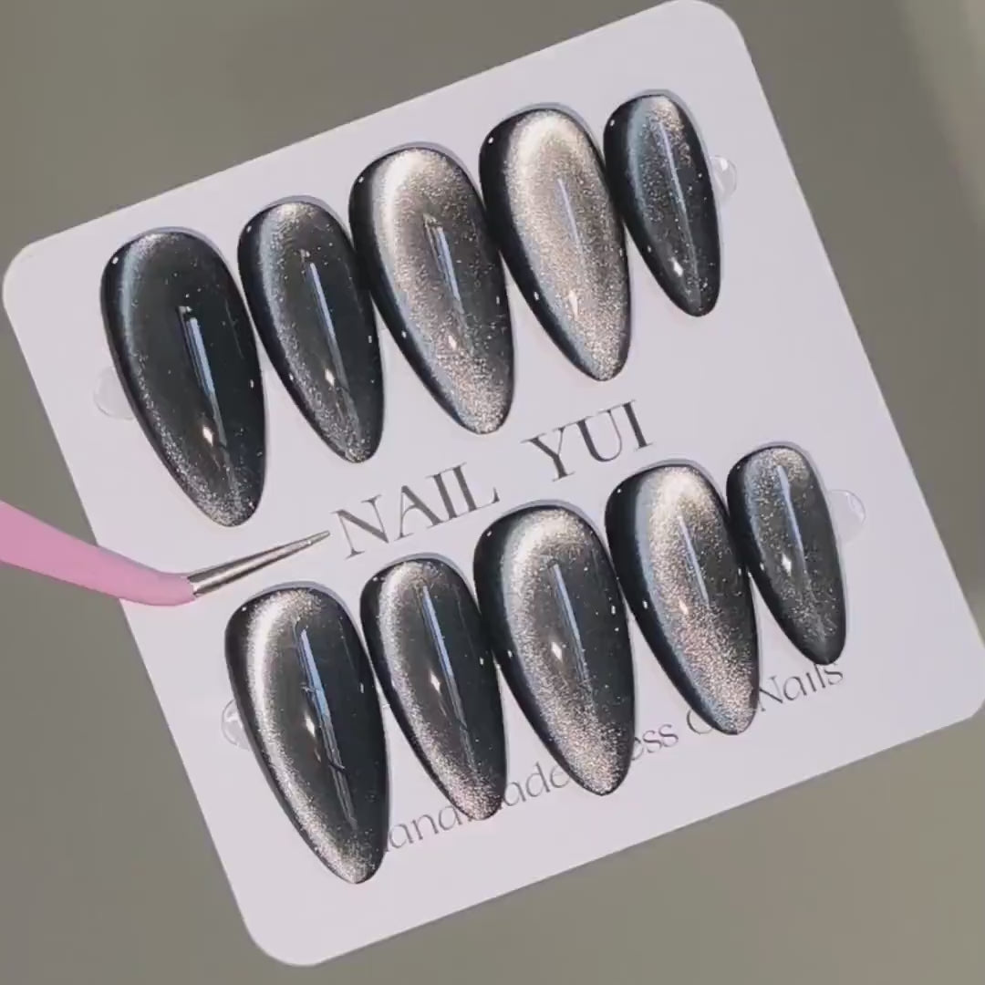Handmade Black Glass Bead Cat Eye Press On Nails Cat Eye Nails Moonlight Nails Crystal Nails Glass Bead Nails Aurora Nails