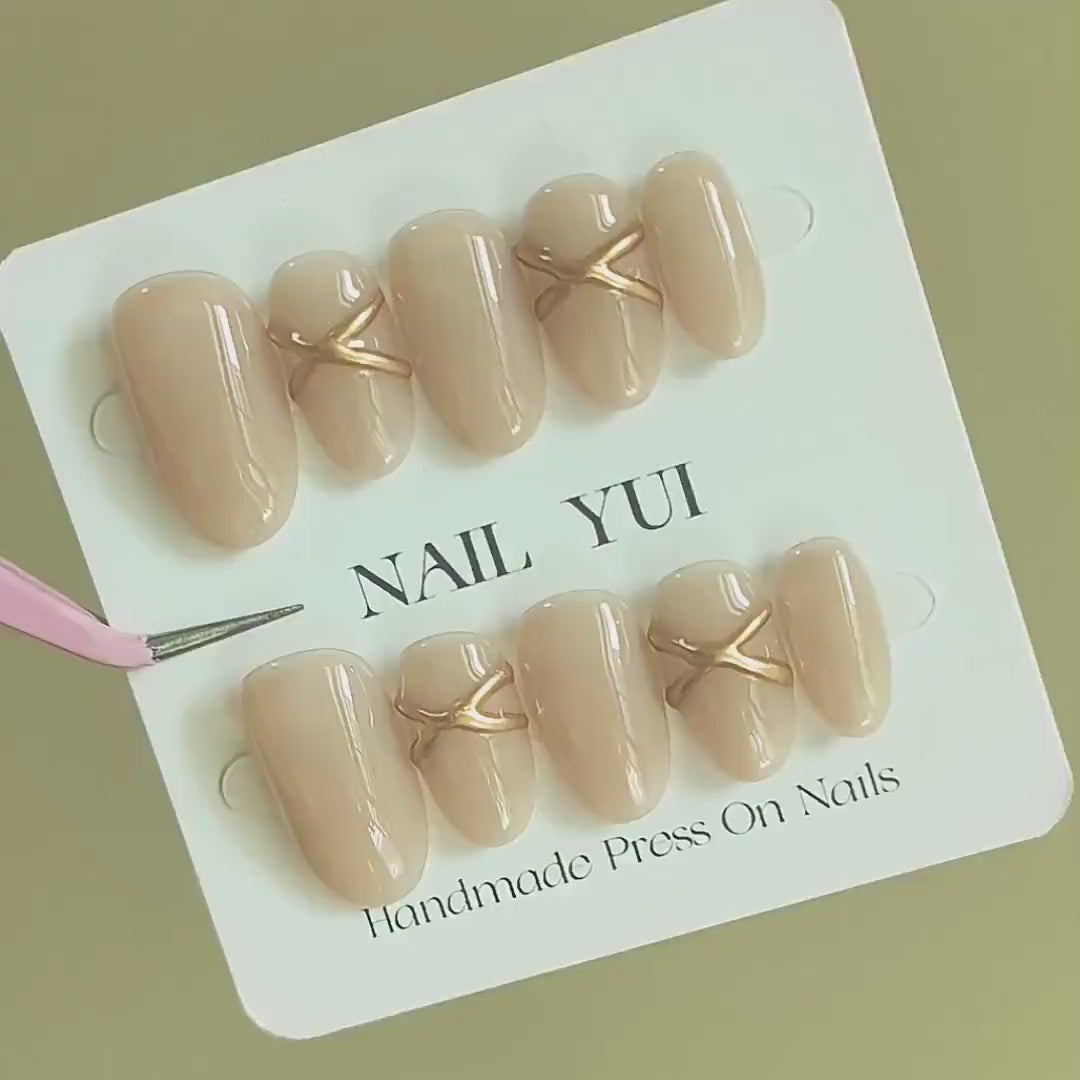 Handmade Deep Nude Gold Line Creamy Caramel Maillard Press On Nails Nude Nails Maillard Nail Caramel Nails