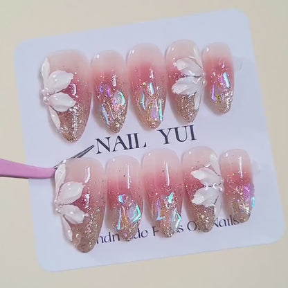 Handmade Luxury Aurora Gem Blush White Flower Glitter Press On Nails Glitter Nails Blush Nails Luxury Nails