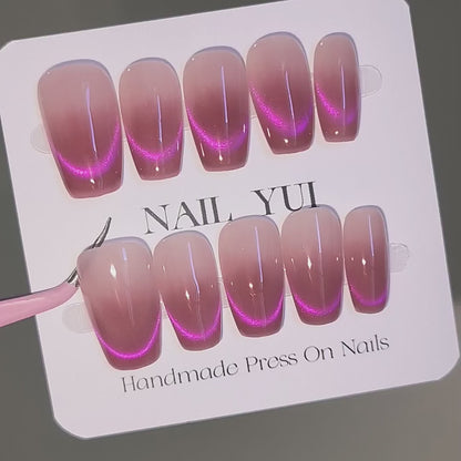 Handmade Galaxy Rose Pink French Cat Eye Blush Press On Nails Glitter Nails Ombre Nails Dopamine Nails Cat Eye Nails Aurora Nails