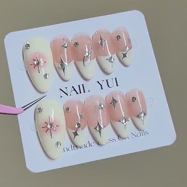 Handmade Yogurt White French Reddish Brown Blush Ombre Press On Nails UV Nail Gel Nails Reuseable Nails