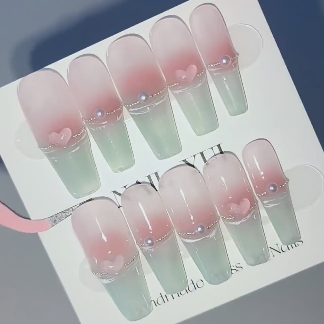 Handmade Nude Pink Blush Light Clear Green Pearl French Press On Nails French Nails Green Nails