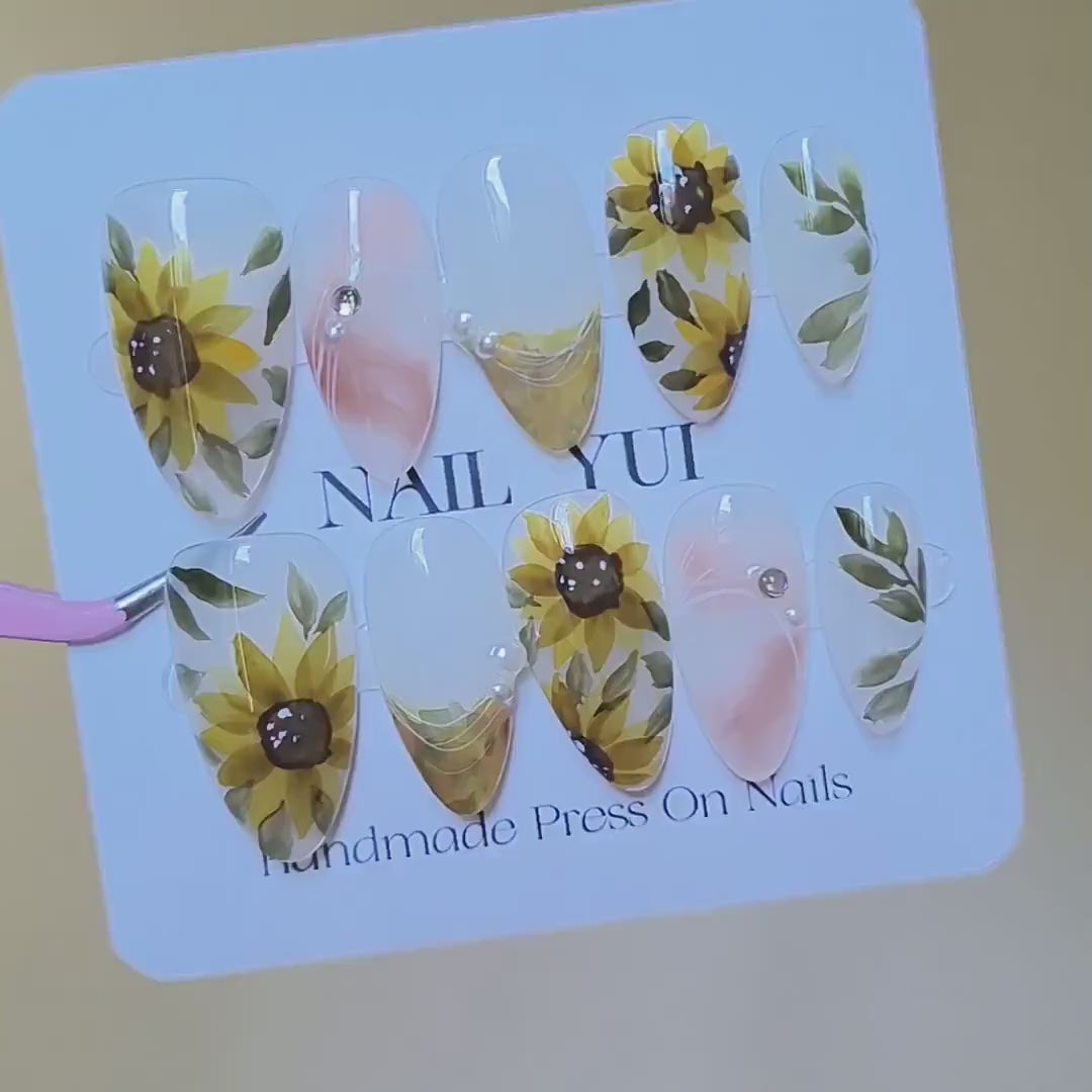 Handmade Hand Painting Watercolor Yellow Sunflower Flower Press On Nails Elegant Nails Spring Nails Summer Nails Wedding Nails