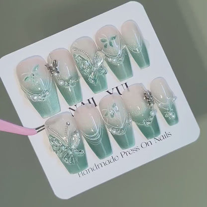 Handmade Mambo Mint Green Glitter Cat Eye Ombre Clear Green 3D Butterfly Press On Nails Elegant Luxury Forest Bride Wedding Spring Summer