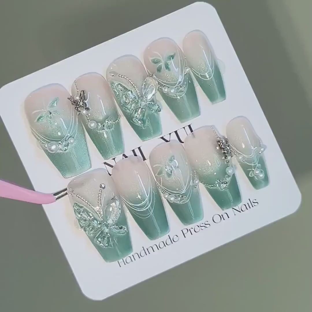 Handmade Mambo Mint Green Glitter Cat Eye Ombre Clear Green 3D Butterfly Press On Nails Elegant Luxury Forest Bride Wedding Spring Summer