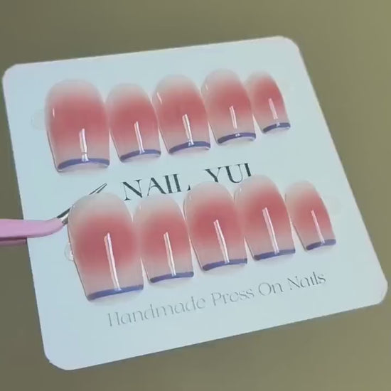 Handmade Blue Thin French Nude Pink Blush Ombre Press On Nails Ombre Nails French Nails Blush Nails Daily Nails