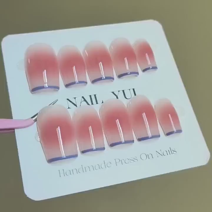 Handmade Blue Thin French Nude Pink Blush Ombre Press On Nails Ombre Nails French Nails Blush Nails Daily Nails
