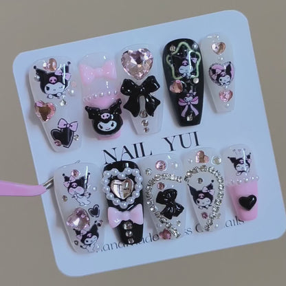 Handmade Kuromi Pearl Heart Bow Black Pink Cute Press On Nails Cute Kawaii Nails Anime Nails Y2K Nails