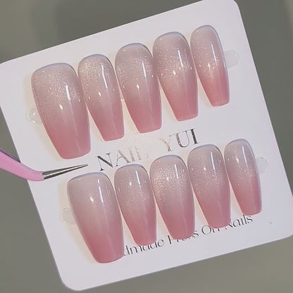 Handmade Peach Pink Ombre Moonlight Cat Eye Aurora Press On Nails Cat Eye Nails Moonlight Nails Aurora Nails Pink Nails