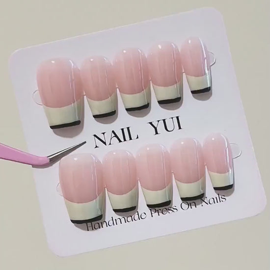 Handmade Black Edge Creamy White French Nude Ombre Press On Nails Ombre Nails French Nails Simple Nails Elegant Nails