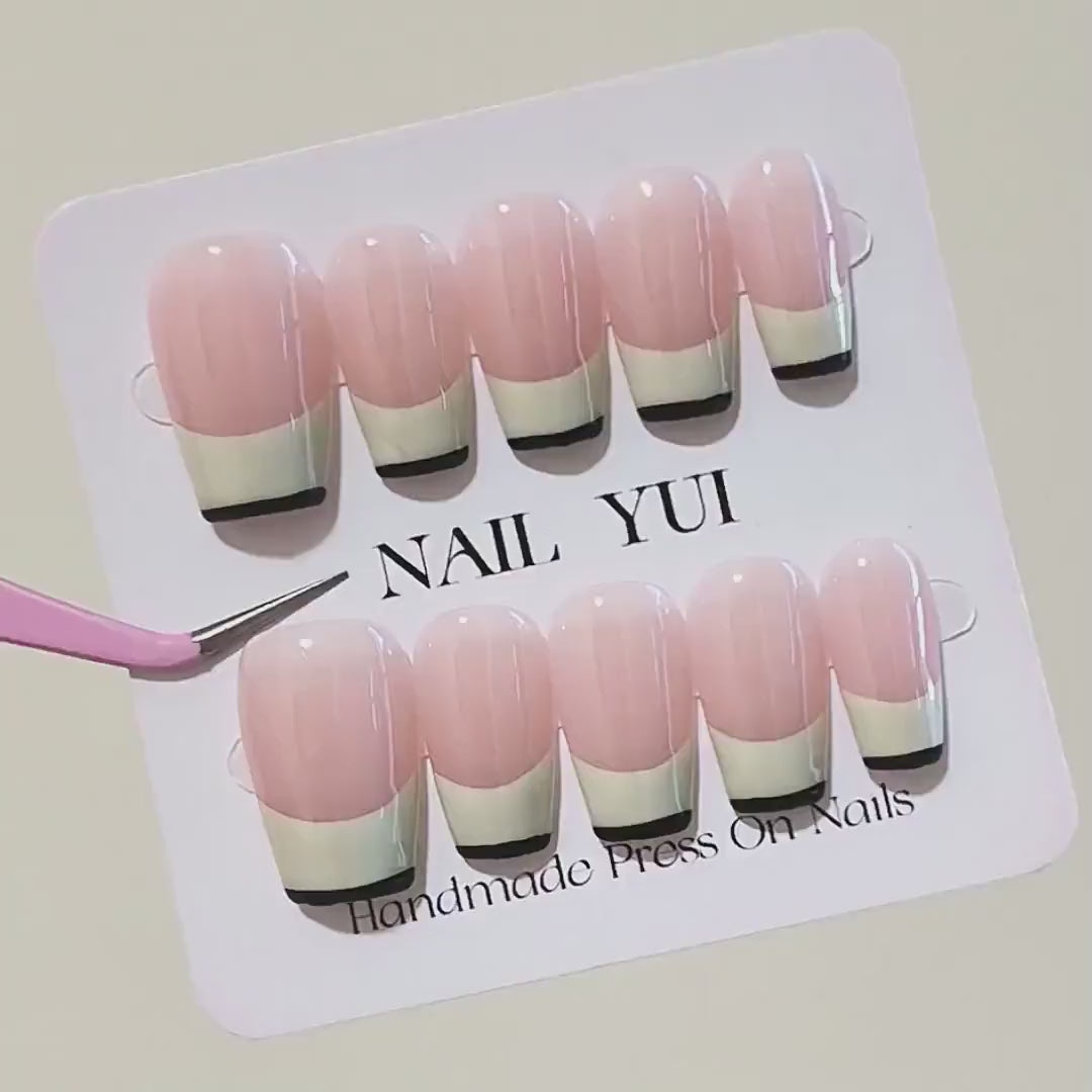 Handmade Black Edge Creamy White French Nude Ombre Press On Nails Ombre Nails French Nails Simple Nails Elegant Nails
