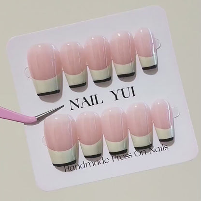 Handmade Black Edge Creamy White French Nude Ombre Press On Nails Ombre Nails French Nails Simple Nails Elegant Nails