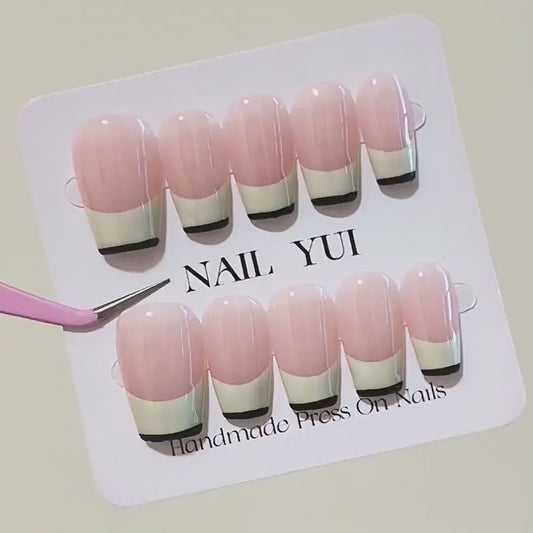 Handmade Black Edge Creamy White French Nude Ombre Press On Nails Ombre Nails French Nails Simple Nails Elegant Nails