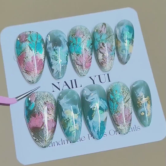 Handmade Painting Lotus Dusty Green Marble Gold Line Luxury Flower Press On Nails Lotus Nails Painting Nails Spring Nails Flower Nails