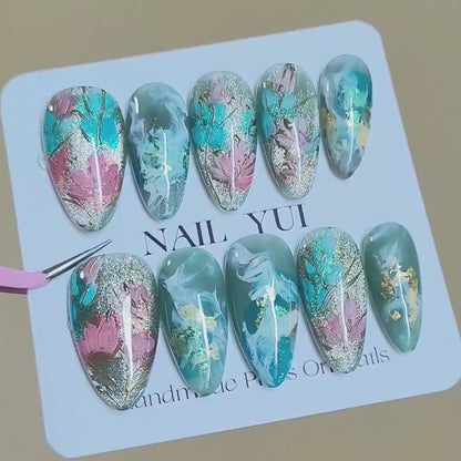 Handmade Painting Lotus Dusty Green Marble Gold Line Luxury Flower Press On Nails Lotus Nails Painting Nails Spring Nails Flower Nails