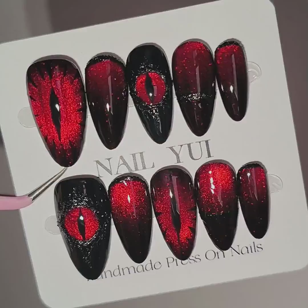 Handmade Volcanic Magma Black Dark Red Glitter Demon Eyes Press On Nails Halloween Nails Gothic Nails Demon Eyes Nails Ghost Nails