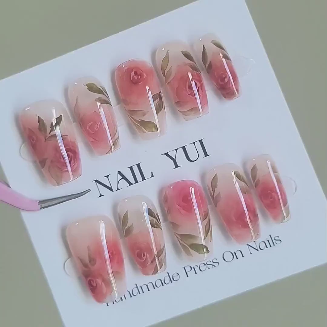 Handmade Hand Painting Watercolor Red Rose Retro Ancient Flower Press On Nails Elegant Nails Spring Nails Romantic Nails Wedding Nails