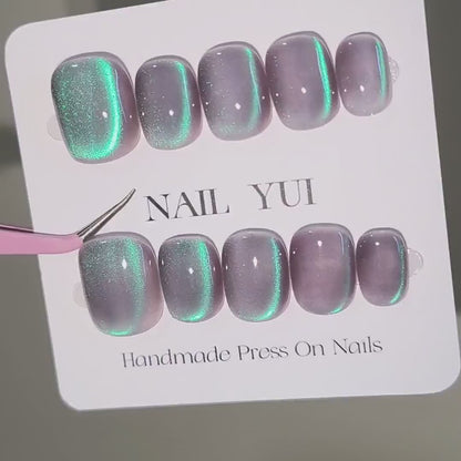 Handmade Clear Dark Purple Mint Blue Glitter Cat Eye Press On Nails Aurora Nails Blue Tears Summer Vacation Seaside Beach 2024