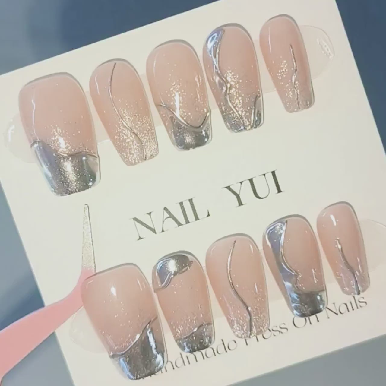 Handmade Gilding Silver Metallic Aurora Sliver Cat Eye Glitter Press On Nails Fake Nails