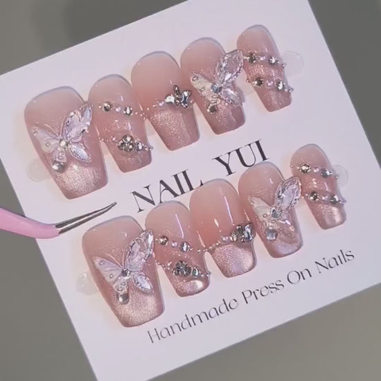 Handmade Pink Silk Glass Bead Cat Eye Glitter 3D Clear Butterfly Press On Nails Luxury Nails Silk Cat Eye Nails Wedding Nails