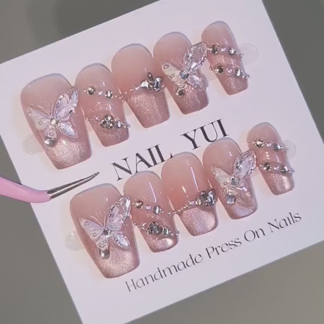 Handmade Pink Silk Glass Bead Cat Eye Glitter 3D Clear Butterfly Press On Nails Luxury Nails Silk Cat Eye Nails Wedding Nails