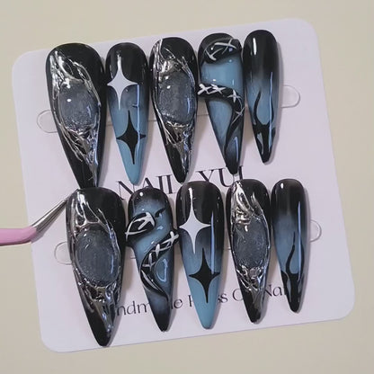 Handmade Black Blue Ombre 3D Black Snake Silver Metallic Aurora Blue Press On Nails Snake Nails Dark Nails Metallic Nails