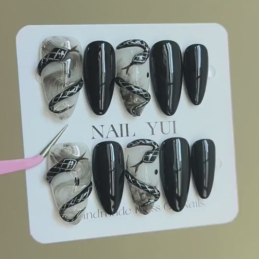 Handmade Black 3D Snake Black Marble Ombre Press On Nails Snake Nails Dark Nails