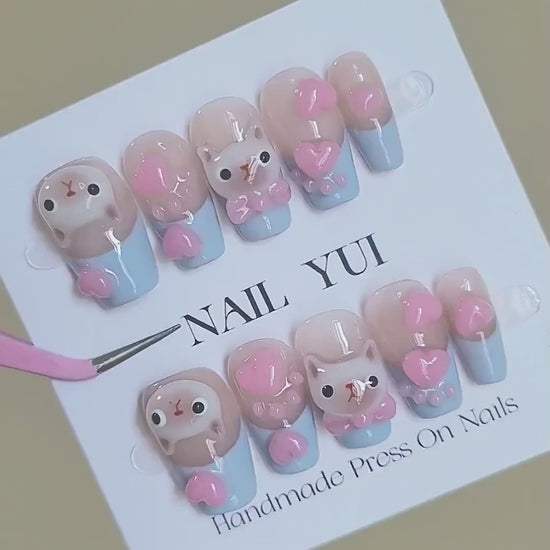 Handmade Painting Siamese Cat Light Creamy Blue French Pink Heart Paw Cute Anime Press On Nails All Charms Are Made of  Nail Gel