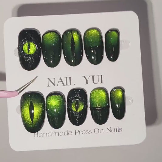 Handmade Volcanic Magma Viper Lemon Green Glitter Demon Eyes Press On Nails Halloween Nails Gothic Nails St Patrick's Day Nails
