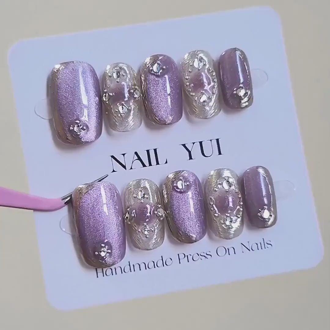 Handmade Metallic Purple Crystal Cat Eye Glitter Press On Nails Metallic Nails Cat Eye Nails Luxury Nails