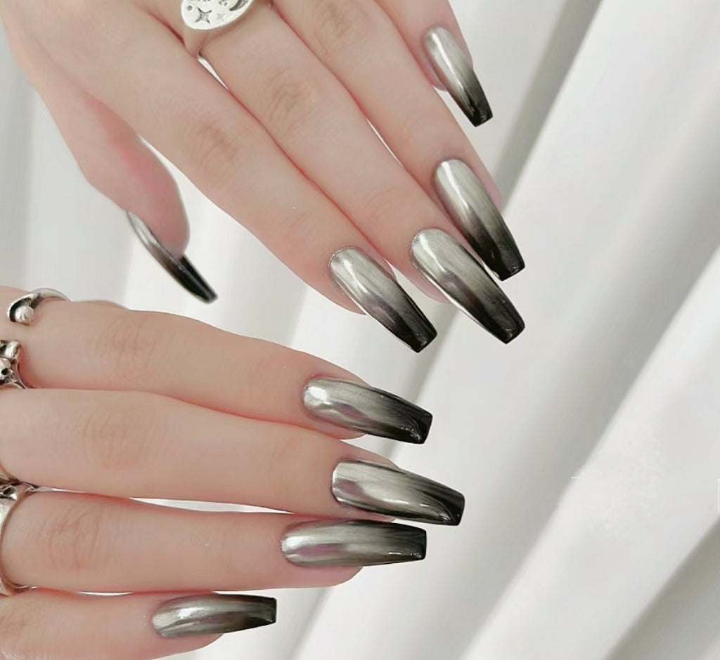 Handmade Mirror Sliver Black Ombre Gradient Press On Nails Mirror Nails Sliver Black Nails Ombre Nails Gradient Nails