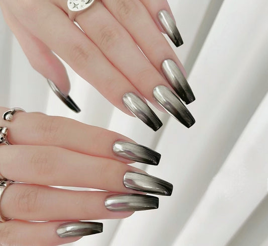 Handmade Mirror Sliver Black Ombre Gradient Press On Nails Mirror Nails Sliver Black Nails Ombre Nails Gradient Nails
