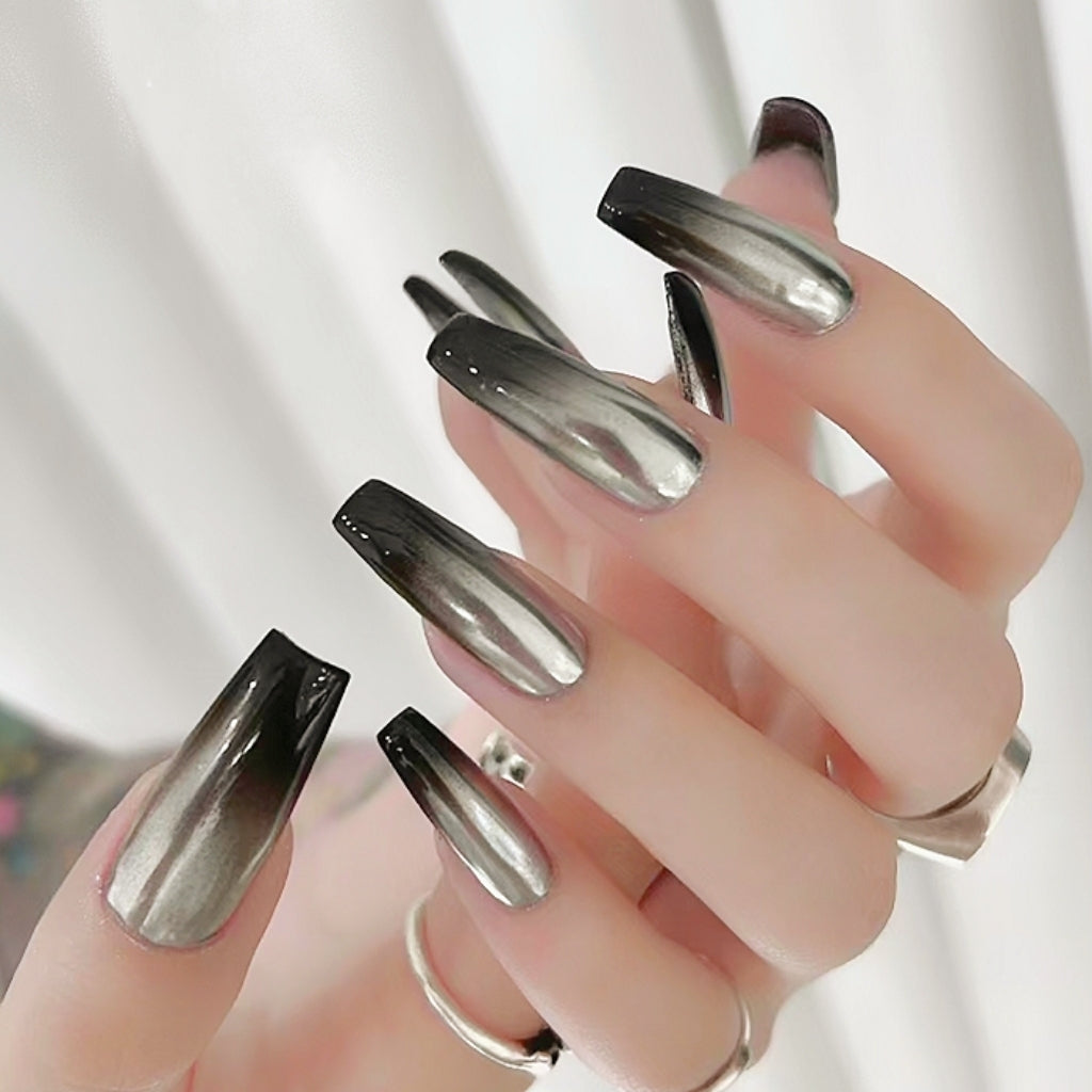 Handmade Mirror Sliver Black Ombre Gradient Press On Nails Mirror Nails Sliver Black Nails Ombre Nails Gradient Nails