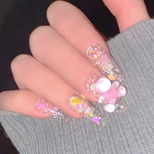 Cute Pink Bow Sanrio Cute Gemini Star Press On Nails Cute Kawaii Bear Nails