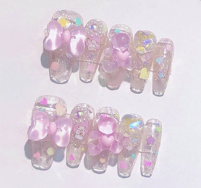 Cute Pink Bow Sanrio Cute Gemini Star Press On Nails Cute Kawaii Bear Nails