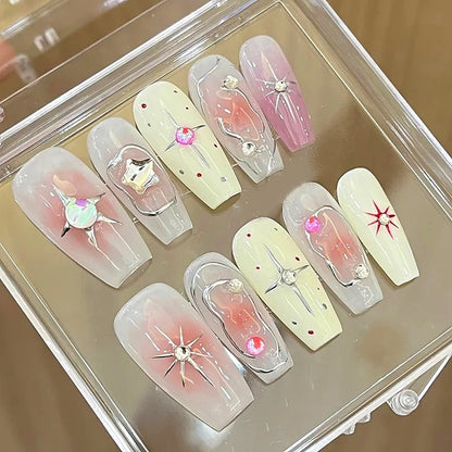 Handmade Nude Orange Blush Milky Ombre Star Gliding Sliver Line Press On Nails Cute Nails Y2K Nails Punk Nails