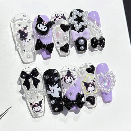 Handmade Kuromii Pearl Star Heart Bow Black Purple Cute Press On Nails Cute Kawaii Nails Anime Nails Y2K Nails