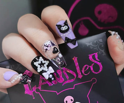 Handmade Kuromii Pearl Star Heart Bow Black Purple Cute Press On Nails Cute Kawaii Nails Anime Nails Y2K Nails