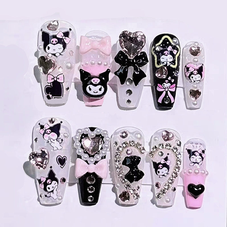 Handmade Kuromi Pearl Heart Bow Black Pink Cute Press On Nails Cute Kawaii Nails Anime Nails Y2K Nails